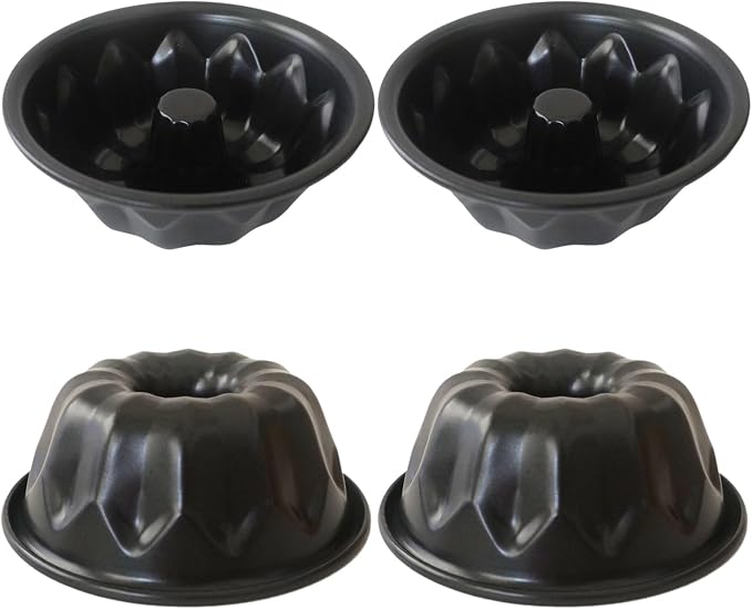4 Inch Small Buntz Cake Pan, Special Fluted Tube Cake Pans, Nonstick Individual Kugelhopf Molds - Black, 4Pcs