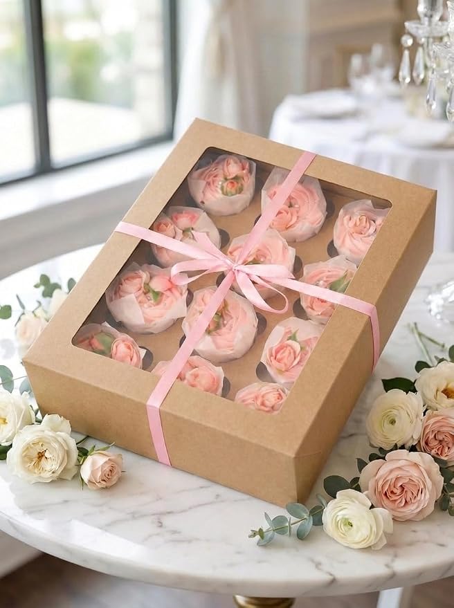 Bakepacker 12 Cupcake Containers 12-Packs Brown Cupcake Box Cupcakes Carrier, 12 Cupcake Boxes with Window 13"x10"x3.5"（Auto-pop up）