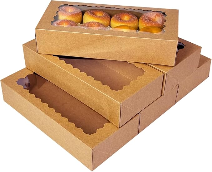 qiqee Auto-pop up 12x5.5x2.5 Inch Brown Cookie Box with Window 30Pcs Pastry Macaron Bakery Box For Packaging