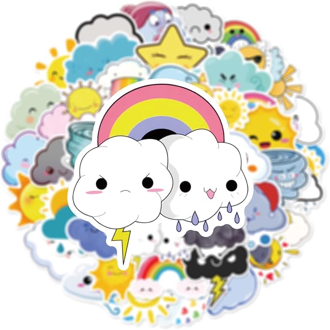 Cute Weather Stickers for Journaling - 50PCS Sun Cloud Rainbow Stickers Waterproof Vinyl Aesthetic Decals for Scrapbook, Water Bottles, Laptops, Guitar, Perfect for Kids Teens & Weather Lovers