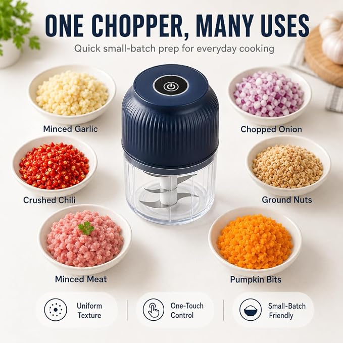 Household Electric Garlic Crusher, Mini Electric Food Chopper with 6 Blades, 350ml Cordless Garlic Mincer with Lid, One-Touch Food Processor for Onion, Ginger, Chili, Herbs, Nuts (White)