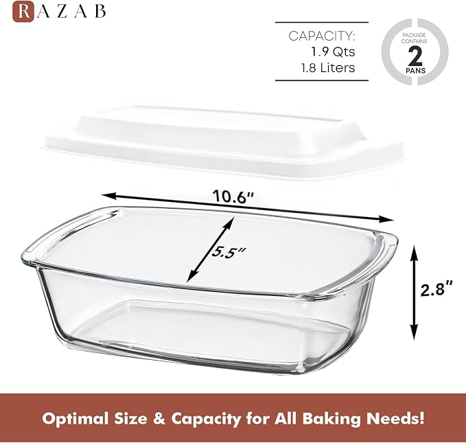 Razab LARGE 7.6 Cups/1800 ML/1.9 Qt Glass Loaf Pan with Lids (Set of 2) - Meatloaf Pan BPA free Airtight Lids Grip Handle Easy Carry, Microwave and Oven Safe - Loaf Pans For Baking Bread, Cakes