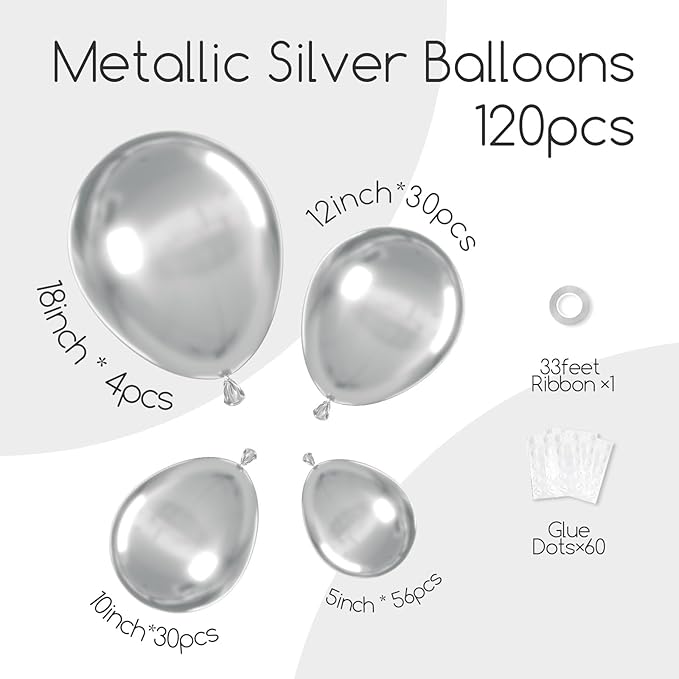 120pcs Metallic Silver Balloon Arch Kit, 18 12 10 5 inch Chrome Silver Latex Balloons Different Sizes Balloon Garland for Wedding Baby Shower Disco Birthday Party Decorations