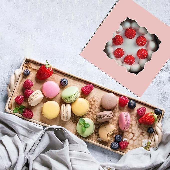 Generic 50Pcs (6x6x3 in) Mini Cake Boxes+3 stickers with Display Window for Gift Giving, Bakesale, Cupcakes, Dessert, Cookies, Pie, Macaroons, Donuts, Pastry, Kraft Paper Material… (50Pcs Pink)