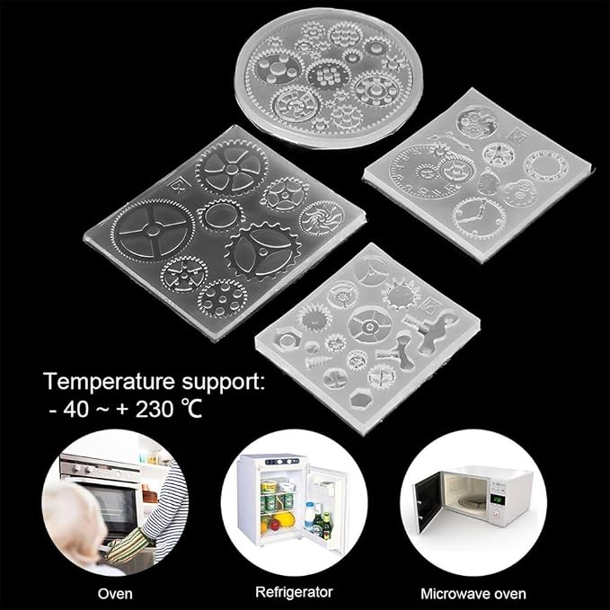 Gear Shape Silicone Mold 4 Pcs – Food Grade Fondant Mold for DIY Chocolate Cake Decorating, Resin Jewelry Crafting Kit