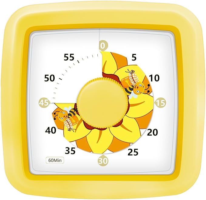 Kids Visual Timer 60 Minute – Countdown Visual Timer for Kids, Kitchen Timer for Cooking Classroom, Silent Mini Timer with Sunflower Cute Bee Pattern, Gift for Special Needs Adult Focus,Yellow