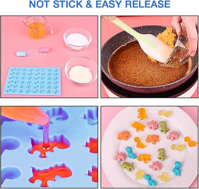 Silicone Gummy Molds Set of 5, Candy Molds with 2 Droppers for Convenient Filling, Chocolate Molds Set Includes Dinosaur, Bear, Donut, Heart and Cat Shapes