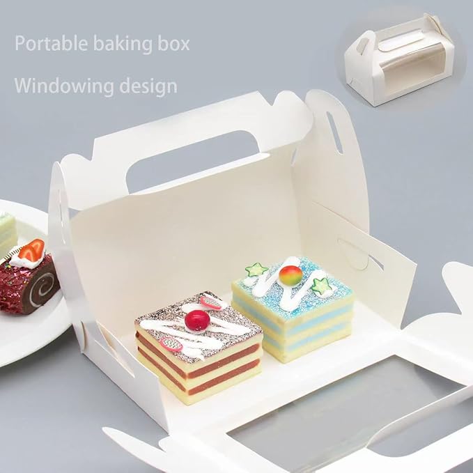 24pcs White Cupcake Boxes 6.8''x3.6''x3.1'' Clear Window Cake Paper Holders Cake Boards Disposable Tiered Handle Boxes Cake Containers Treat Boxes Gift for Party Wedding, Christmas | Food-grade cardboard bakery boxes with window. Rustic design for gift...
