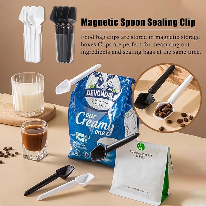 Ouliget Three in One Function Plastic Coffee Measuring Spoon Sealing Clip,Magnetic Wall Container Magnet Clips,Food Freshness Bag Clip Powder Tea Scoop,2 Pieces of 8