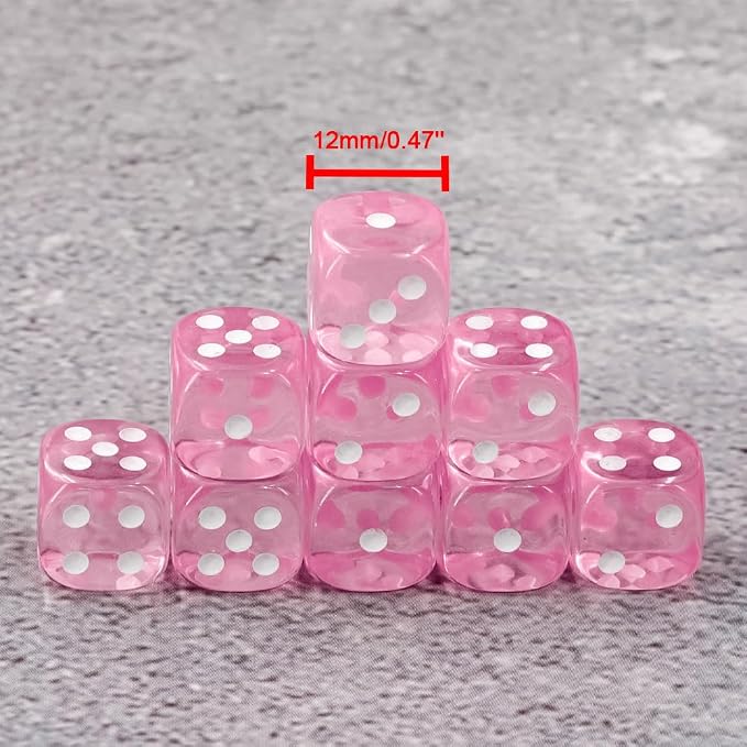 36 of Pack 12MM 6 Sided MINI Dice Set,Translucent Colors Game Dice Set, 6 Sided Standard Colored Dices for Tenzi, Farkle, Yahtzee, Bunco or Teaching Math, with Portable Plastic Box(Pink)