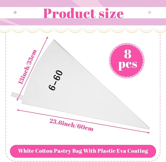 8 Pack 24 Inch Reusable Piping Bags, Cotton Cloth Pastry Bags with Plastic Coating, Large Canvas Cake Decorating Bag for Frosting, Icing, Cupcakes, Cookies