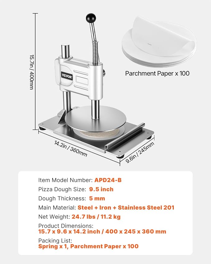 VEVOR Manual Pizza Dough Press Machine, 9.5 inch Pizza Pastry Press Plate, Stainless Steel Bread Presser, Commercial Chapati Sheet Crust Maker, Forming Machine with Handle and 100 Pcs Parchment Paper