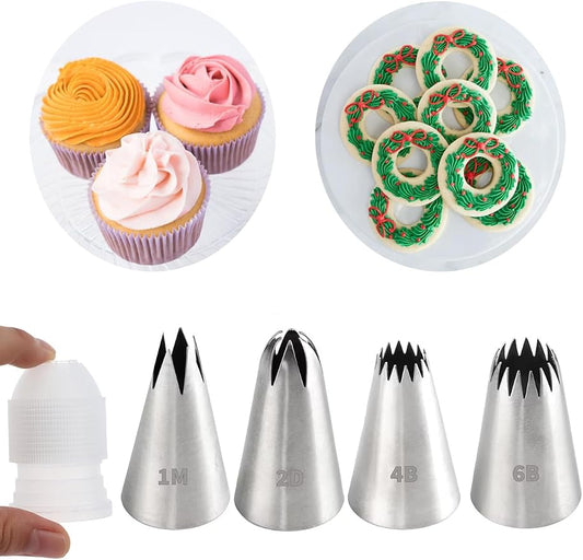 1M 2D 4B 6B Large Piping Tips and Coupler Set,Star Rose Drop Flower Churros Eclairs Icing Tips with Coupler for Cake Cupcake Cookie Decorating