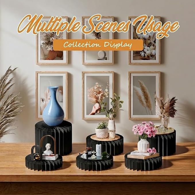 6 Pcs Buffet Risers Food Display Risers with Mini Sign, Buffet Table Risers Display Stands Cake Stand Cylinder Stands for Party Dessert Jewelry Collectibles (Black)
