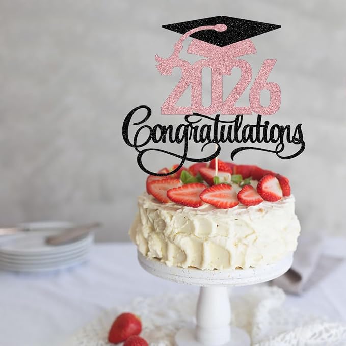 Black rose gold Glitter 2026 Congratulations Graduation Cake Topper,Congrats Grad Cake Decor - 2026 High School/College/Senior Graduation Party Decorations Supplies