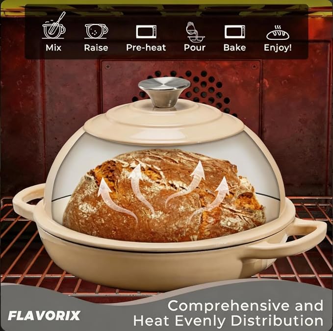 Cast Iron Bread Oven for Sourdough, 6Qt Bread Baking Pan with Lid, Enameled Sourdough Dutch Oven for Bread Baking, Oven Safe up to 482℉, Latte