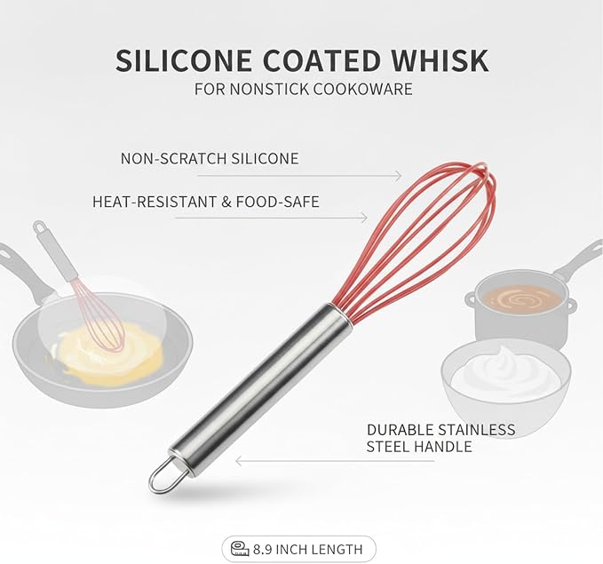 8.9 Inch Silicone Coated Whisk for Nonstick Cookware, Stainless Steel Wire Mixer for Eggs Sauces and Batters, Red Kitchen Utensil
