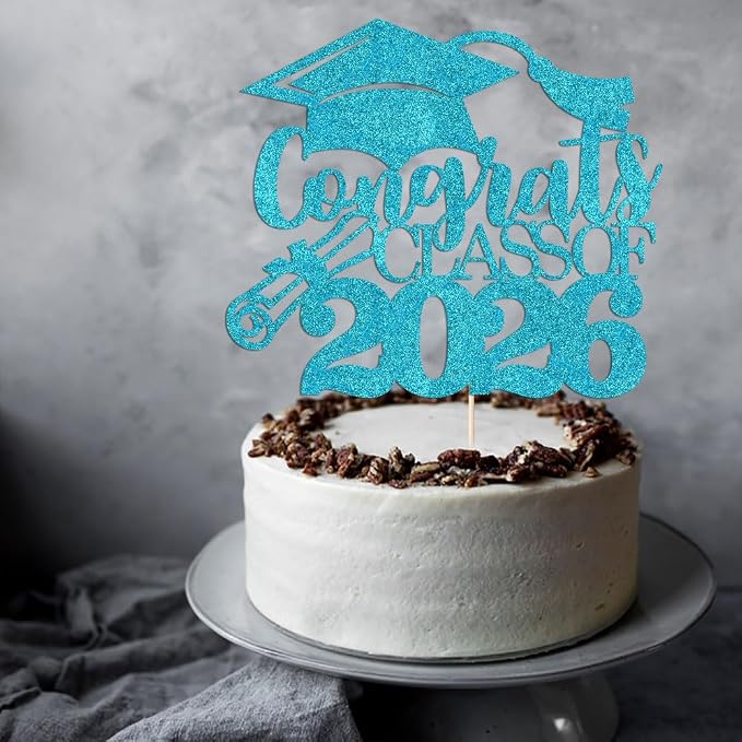 Congrats Class Of 2026 Cake Topper, Glitter Graduation Party Supplies - High School College Graduates -College Graduate Cake Topper Decorations Supplies (blue)