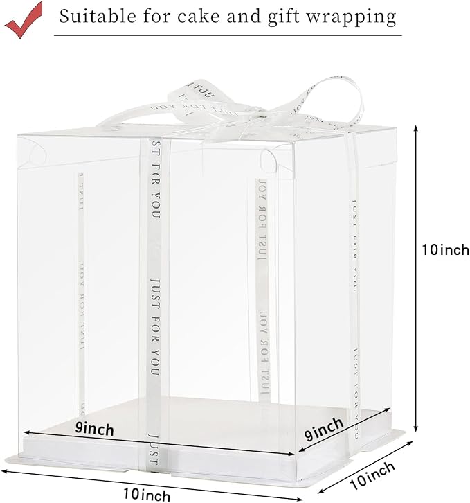 JCD 6 Packs Clear Cake Box with Ribbon, 2-Layer Tall Cake Packaging Boxes 9x9x10 Inch,Portable Tall Layer Bakery Box for Wedding Birthday Anniversary Baking Display Pack (Clear Lid, 9inch/6pcs)