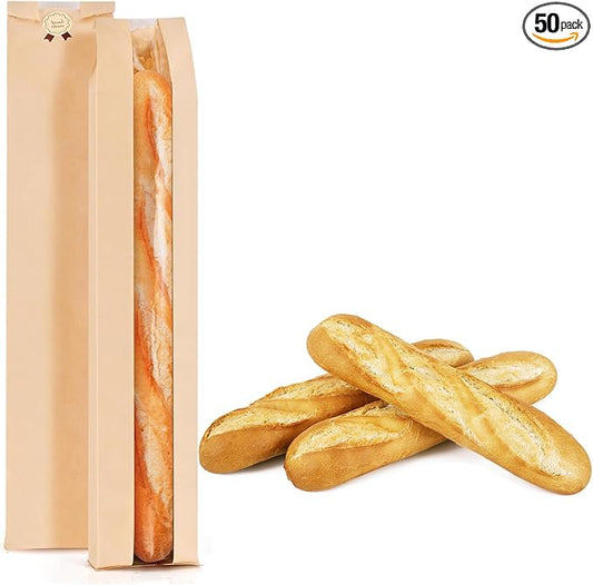 50 Pack Baguette Bags for Homemade Bread with Stickers, Reusable Kraft Paper Bread Bags, Long Sourdough Paper Bag with Clear Front Window