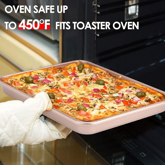 11" x 9" Baking Pans, Cookie Sheets Set of 2, Nonstick Toaster Oven Pan Set for Baking, Heavy Duty Carbon Steel Non-toxic Oven Replacement Cookie Tray for Kitchen Bakery, Gold