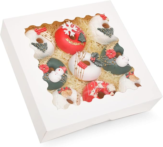 qiqee Auto-pop Up 30pcs Pie Box With Window 9x9x2.5 Inch Donut Pastry Boxes White Bakery Box