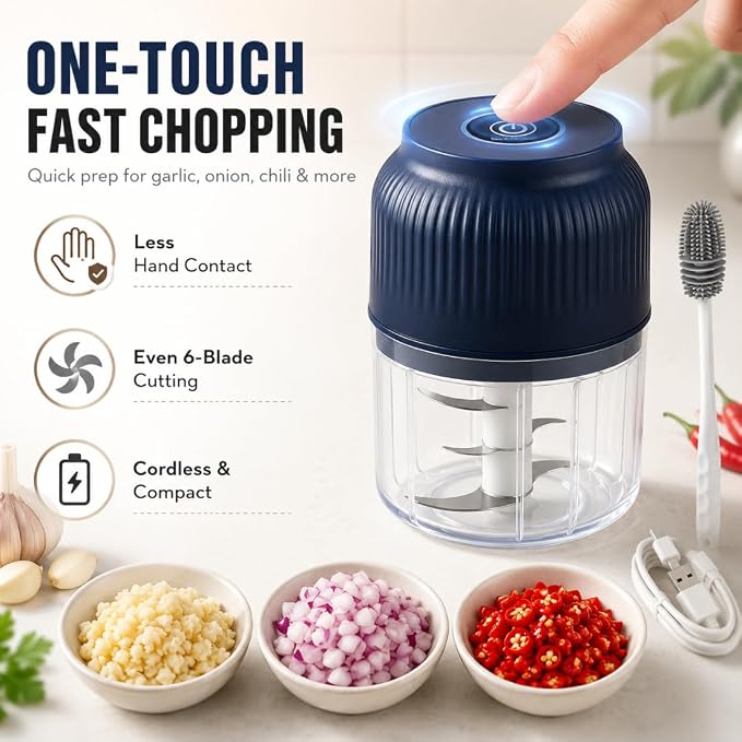 Household Electric Garlic Crusher, Mini Electric Food Chopper with 6 Blades, 350ml Cordless Garlic Mincer with Lid, One-Touch Food Processor for Onion, Ginger, Chili, Herbs, Nuts (White)