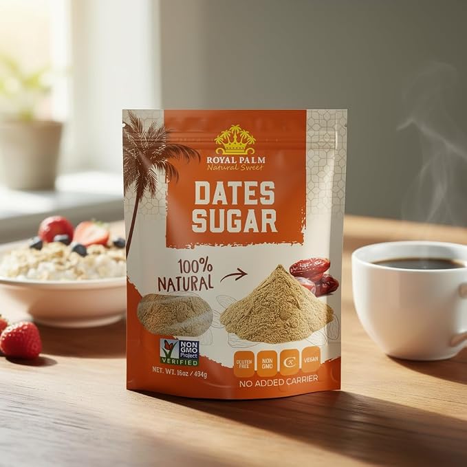 Royal Palm Pure 100% Date Sugar – Natural Sweetener & Palm Sugar Alternative - Vegan, Gluten-Free, Non-GMO & Kosher - Ideal for Baking, Coffee & Cooking - 16 oz