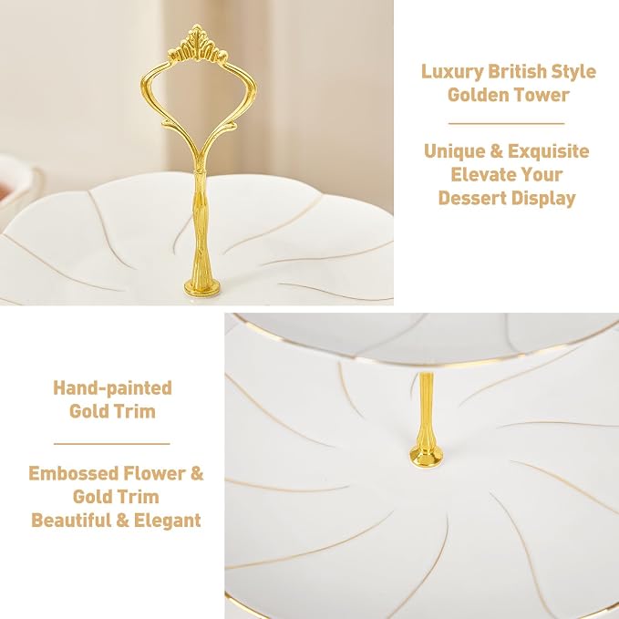 DUJUST Luxury Larger 2-Tier Cupcake Stand Tower, British Style Porcelain Serving Tray with Golden Trim, Food Grade Dessert Display Stand for Tea Party & Home Décor - 40% Larger Plates