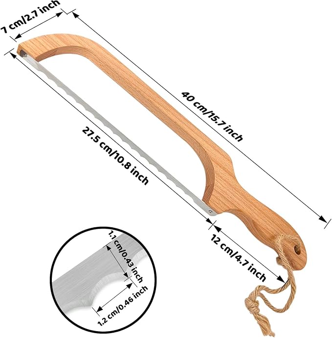 ROYOROYI Bread Slicer for Homemade Bread,16" Wooden Sourdough Bread knife with Bow Design,Premium Stainless Steel Serrated Saw Bread cutter for Bagels, Baguettes and More