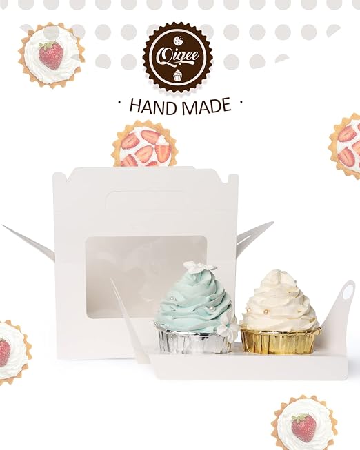 qiqee Cupcake Box Two Holder 6.5x3.6x3.5inch(2.2" Top) 50pcs White 2 Cupcake Boxes With Window