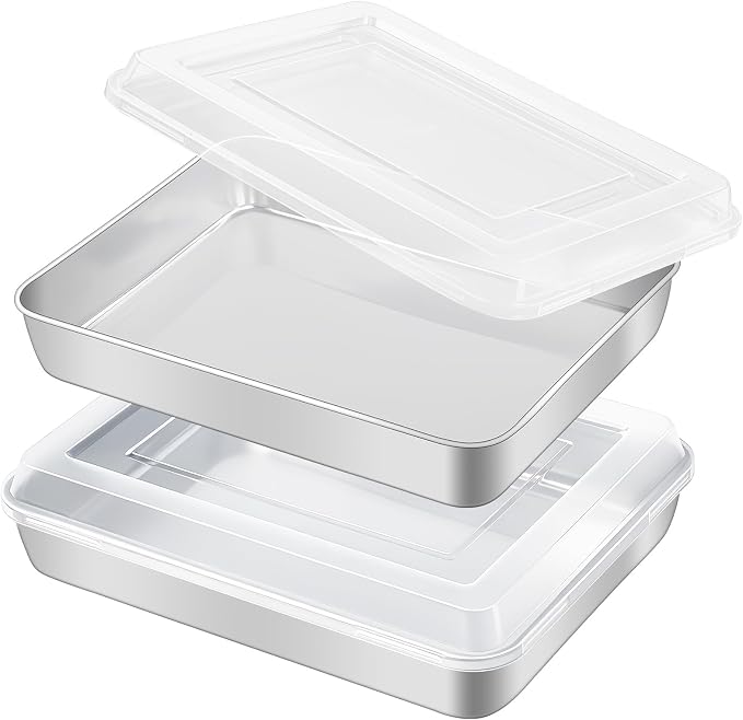 GIUOIDUO Premium Stainless Steel Baking Pan with Lid (2 Pack) – Rectangular Cake Pan, Heavy Duty Metal Bakeware for Lasagna, Brownie, Food Storage Container, Dishwasher Safe & Non-Toxic