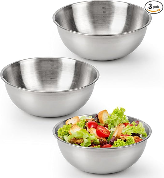 3-Piece Stainless Steel Mixing Bowls (7.1") Metal Bowl Set with Measurement Marks, Dishwasher Safe & Stackable - Perfect for Baking, Salad Making, Meal Prep and Kitchen Use