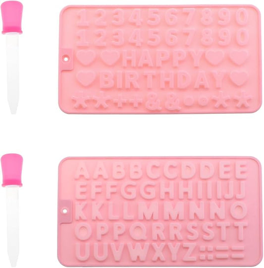 DGZZI 2PCS 20.5x11.2cm Pink Silicone Digital Alphabet Fondant Shaping Moldlings with Droppers DIY Baking Tool Suitable for Decorating Birthday Cakes and Dessert Display Stands