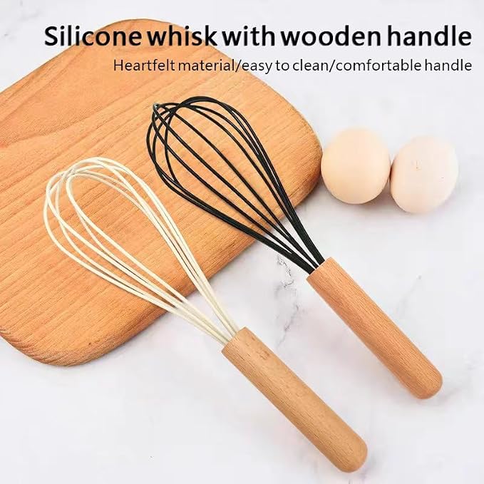10 "Silicone Whisk with Wood Handle, suitable for mixing, stirring, stirring, cooking, baking, suitable for pancake batter, eggs, cake powder, mixing, gravy, and sauce (black)