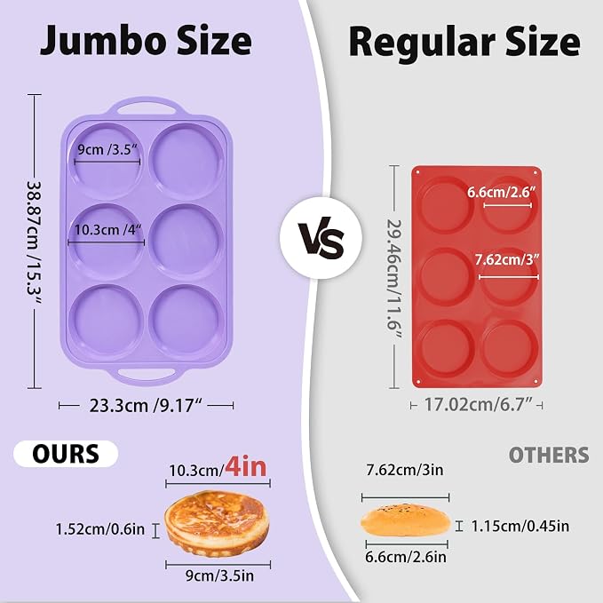 4 Inch Jumbo Silicone Muffin Top Pan with Metal Frame, Non Stick Silicone Egg Mold for Oven, Large Whoopie Pie Baking Pan with Handle for English Breakfast Sandwich, Egg Bite, Bun Tart, Purple