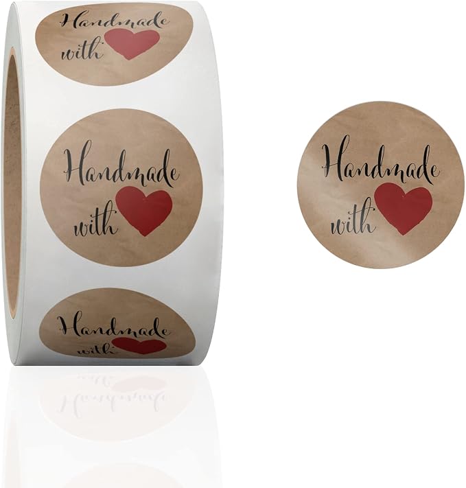 1.5 Inch Round 500 Count Handmade with Love Perforated Roll Stickers - Thank You Labels for Favors - Packing Thank You Stickers for Small Business Store Owners