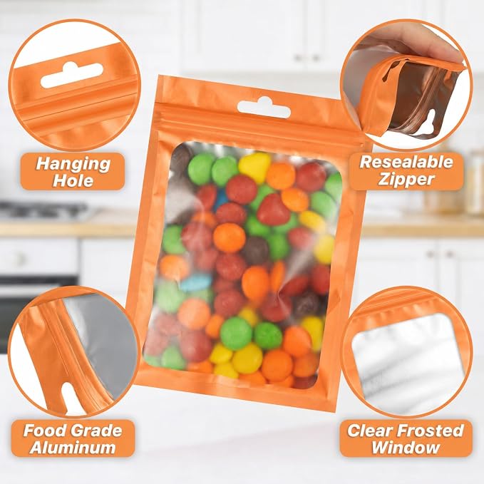 ANZNKU 100 Pack Orange Resealable Mylar Bags with Frosted Clear Window 6.29x9.44", Smell Proof Sealable Packaging Bags for Small Business, Foil Pouch Zip Goodie Bag for Candy Treat Jewelry