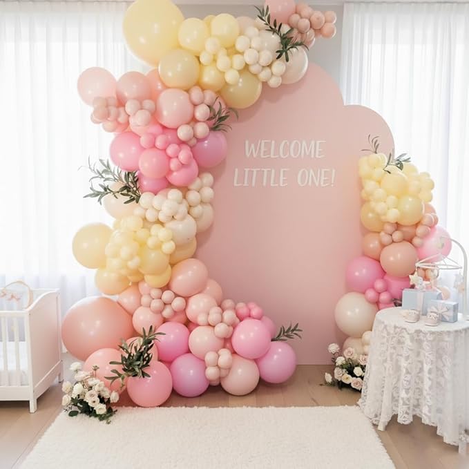 Pink and Yellow Balloon Arch Garland Kit 157pcs, Pastel Pink Light Pink Yellow Sand White Balloons Arch Kit for Birthday Baby Shower Bridal Shower Wedding Bee Bear Themed Party Decorations