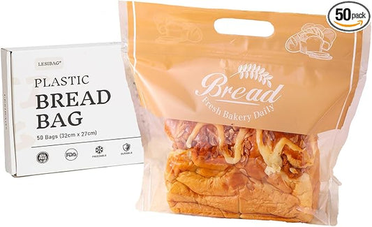50 Pcs Plastic Bread Bags for Homemade Bread with Clear Window, Resealable & Freezer Safe Bakery Bags Storage for Sourdough, Toast, Bagels, Muffins, Pastries (12.6" x 10.6" Orange)