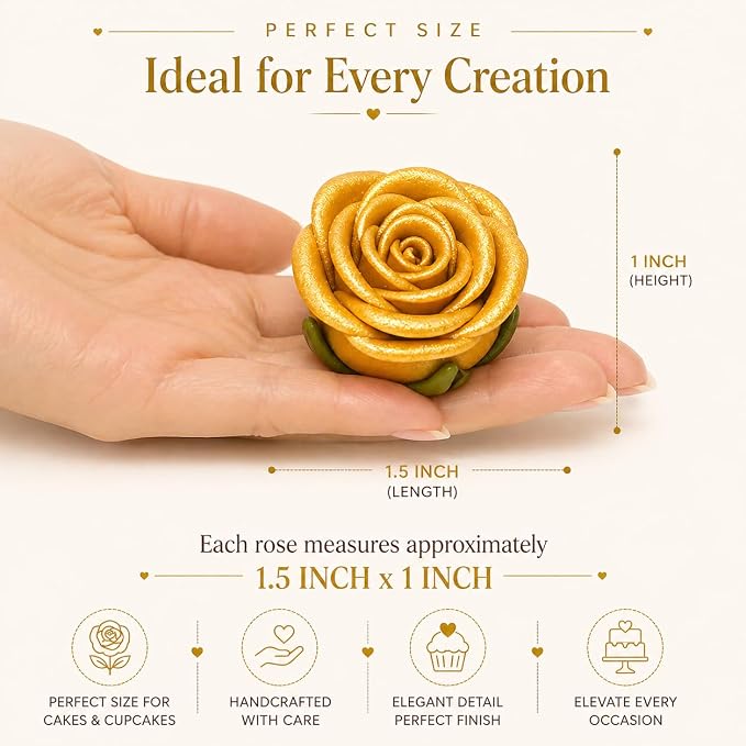 Confect Metallic Edible Rose Topper – Gold Roses for Cake, Cupcake & Doughnut Decoration – Pack of 12 Edible Floral Toppers- Vegan, Gluten-Free, Nut-Free, Soy-Free, Dairy-Free, Palm Oil-Free