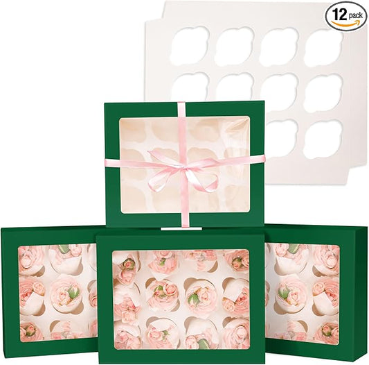 Bakepacker 12 Cupcake Containers 10-Packs Forest Green Cupcake Box Cupcakes Carrier, 12 Cupcake Boxes with Window 13"x10"x3.5"（Auto-pop up）