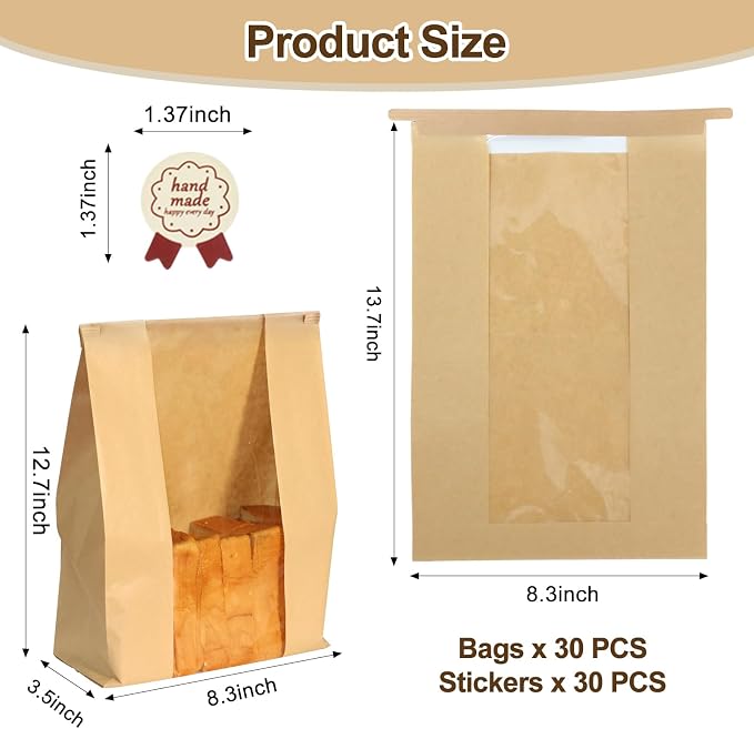 30PCS Sourdough Bread Bags for Homemade Bread Tin Tie Tab Lock Paper Large Bakery Bags with Window for Baked Food Packaging Storage Gift Giving Includes 30PCS Label Seal Stickers 13.7x8.3x3.5in