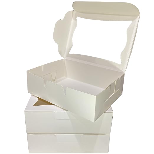 White Paper Bakery Boxes - 50-Pack Pastry Boxes with Window for Cookies, Chocolate Covered Strawberries, Macarons, and Muffins, Dessert Disposable Packaging, 8 x 6 x 2.5 Inches