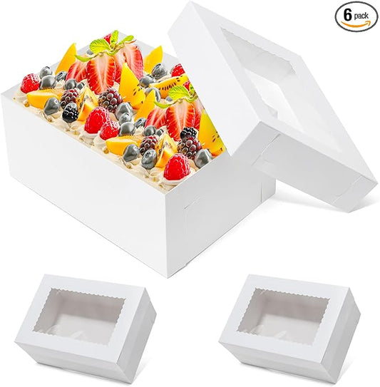 Wowxyz 6pcs 14x10x6.5 Cake Boxes Rectangle Quarter Sheet 1/4 Sheet Bakery Boxes with Window - Donuts, Pastry Baking Cake, Pie White Cardboard Treat Packaging