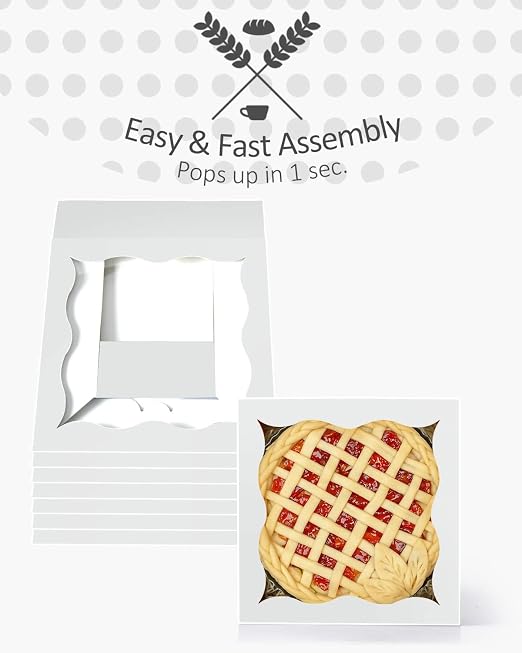 qiqee Auto-pop Up 12Packs White Pie Boxes with Window 12x12x3 Inch Cookie Donut Bakery Box