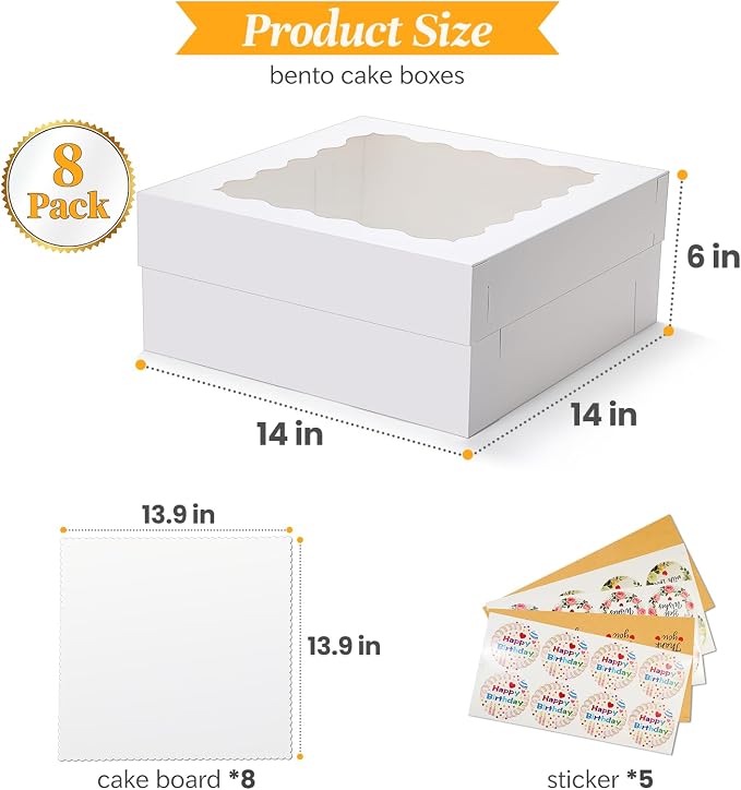 COTOPHER 14x14x6 In Sheet Cake Boxes, 16 Pcs White Bakery Boxes with Large Window (8 Boxes & 8 Boards), Cake Containers for Quarter Cakes, Donuts, Cupcakes, Brownie, Pastry & Pies Packaging