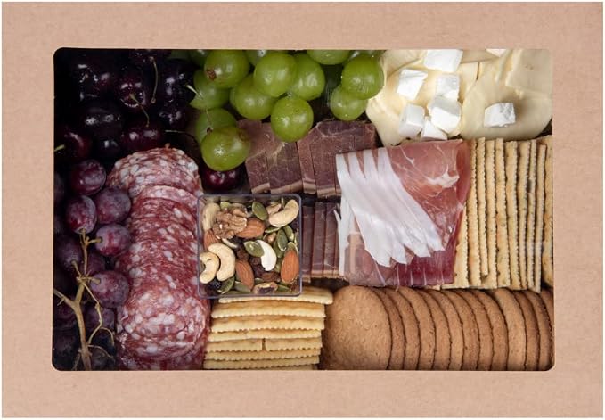 Restaurantware Cater Tek 14.3 x 10 x 3.2 Inch Catering Boxes 10 Insert Tab Lock Baked Goods Boxes - Window Lids Easy Assembly Kraft Paper Window Pastry Boxes For Charcuterie Or Cupcakes