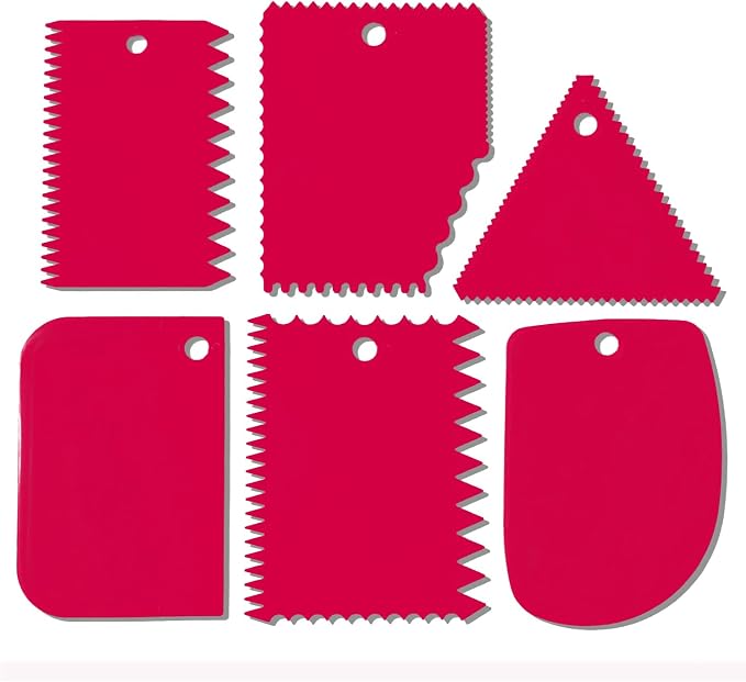 Cake Scraper, Cake Smoother Scraper Set, Dough Scraper Icing Scraper Polisher Tool, Cake Decorating Comb, Icing Smoother Plastic Sawtooth Cake Icing Kitchen Baking Cake Edge (Red)