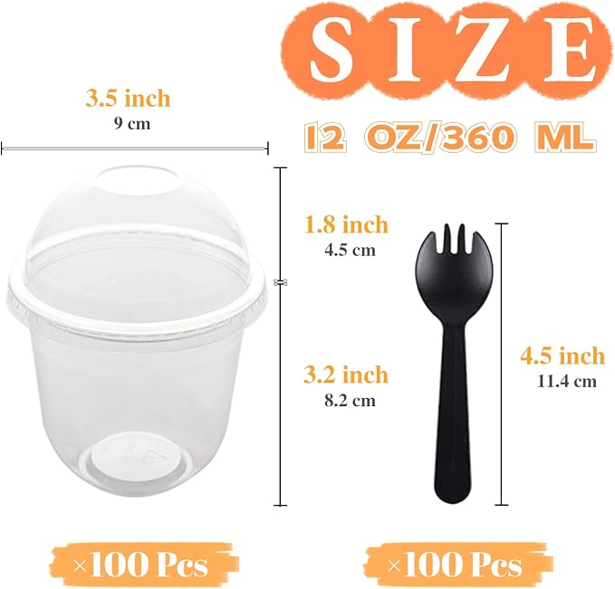 Jnnzzggu 100 Pack 12OZ Clear Plastic Cups with No Hole Dome Lids and Sporks,Disposable Dessert Cups,Yogurt Parfait Cup for Cupcake,Pudding,Iced Cold Drinks,Coffee,Juice,Snacks,Fruits,Ice Cream